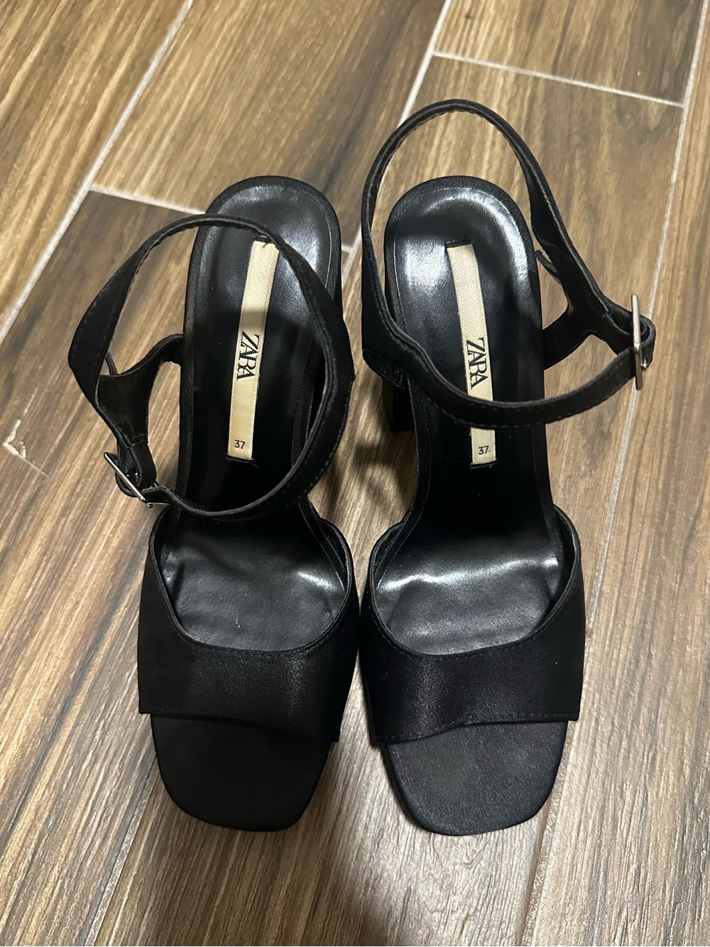 Zara Black Satin Square-Toe Ankle Strap Heels